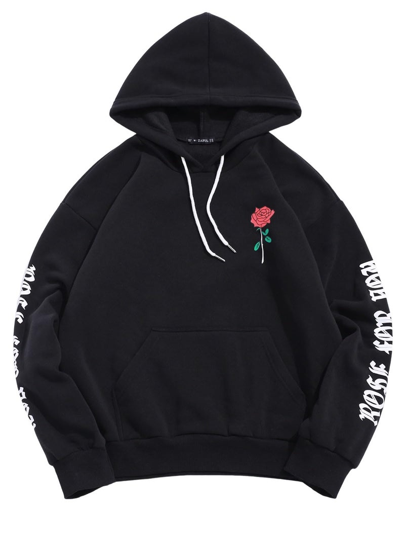 ZAFUL Men's Fleece Hoodie Unisex Rose Letter Print Hooded Pullover Kangaroo Pocket Sweatshirt Black M - Image 1